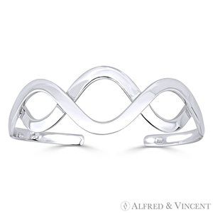Overlapping Wave Adjustable Open Cuff Bangle Solid .925 Sterling Silver Bracelet